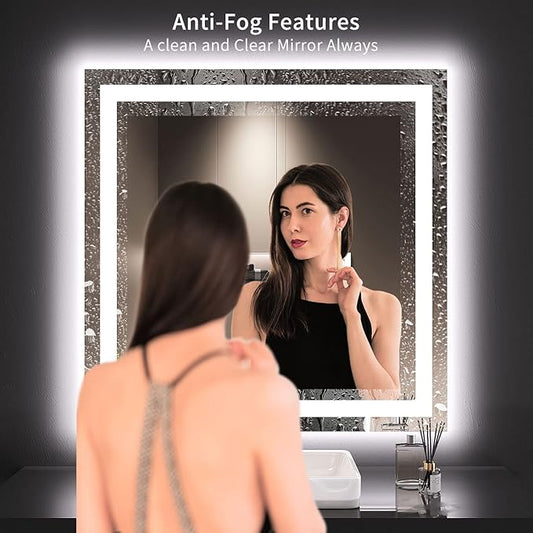 LOAAO 36X36 LED Bathroom Mirror with Lights, Anti-Fog, Dimmable, Backlit + Front Lit, Lighted Bathroom Vanity Mirror for Wall, Memory Function, Tempered Glass, Safe to Use, ETL Listed