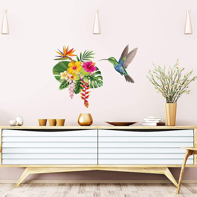 Tropical Flower and Hummingbird Wall Sticker for Living Room and Bedroom 20 x 25 cm