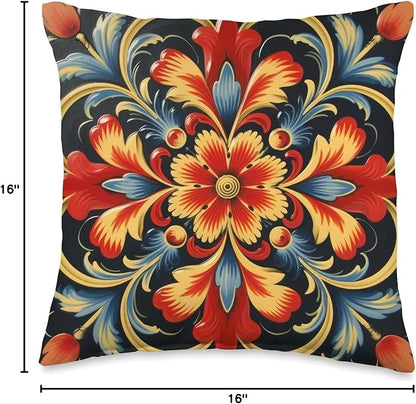 Traditional Norwegian Rosemaling Folk Art Throw Pillow