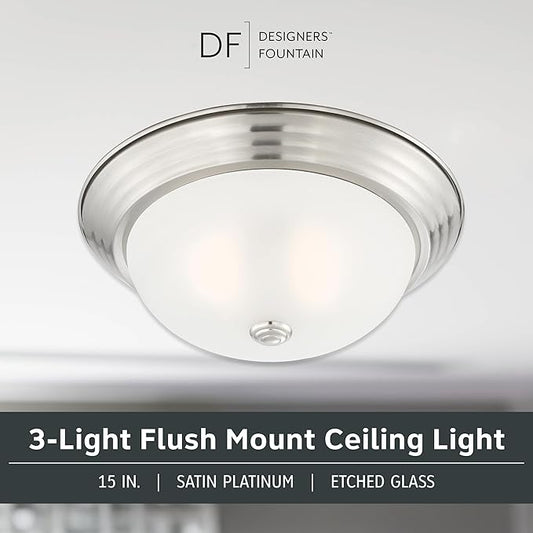 DESIGNERS FOUNTAIN Reedley 3-Lights Flush Mount Ceiling Light, 15 Inch Lighting Fixture for Kitchen, Bedroom, Bathroom, and Hallway, Satin Platinum with Etched Glass, 1257L-SP-W