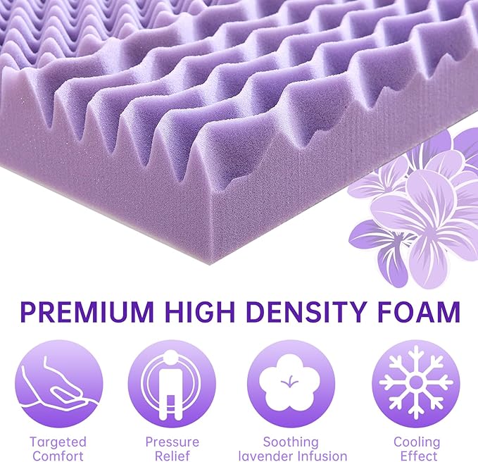 MUXHOMO 2 Inch 7-Zone Queen Mattress Topper, Egg Crate Foam Mattress Topper Queen Size for Back Pain, Lavender Cooling Gel Infused Bed Pad, CertiPUR-US and Oeko-TEX Certification (60"×80")