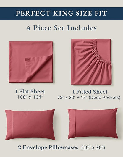 LANE LINEN 100% Organic Cotton Bedsheets King Size Bed, Soft & Comfy Luxury Hotel Style Percale Cooling Sheets King Size, Oeko Tex Certified Sustainably Produced Cotton Sheets- Mineral Red