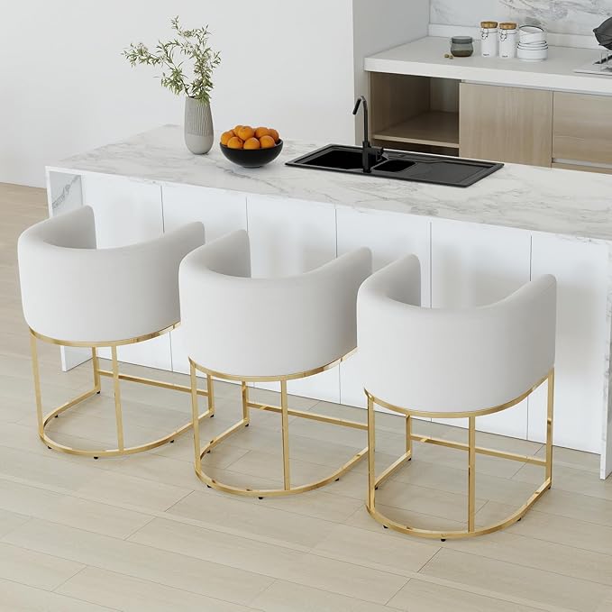 Modern Counter Height Velvet Upholstered Bar Stools Set of 3, Kitchen Island Chairs with Gold Metal Frame for Island, 24'' Seat Height, Cream Velvet, Gold Base