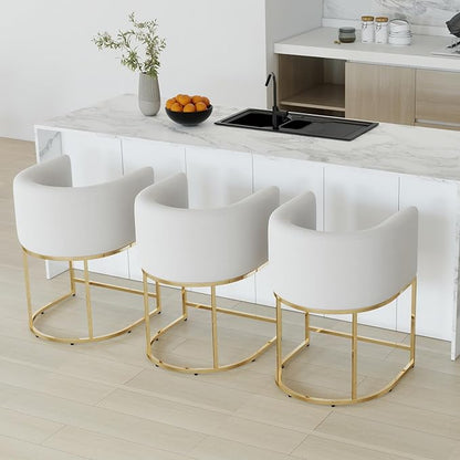 Modern Counter Height Velvet Upholstered Bar Stools Set of 3, Kitchen Island Chairs with Gold Metal Frame for Island, 24'' Seat Height, Cream Velvet, Gold Base