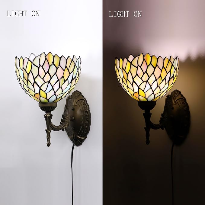 Tiffany Sconce Lamp Stained Glass Wall Lamp,8X10.5X11 Inch Plug in Wall Bedside Light for Hallway Bedroom (Seven Color Wisteria)