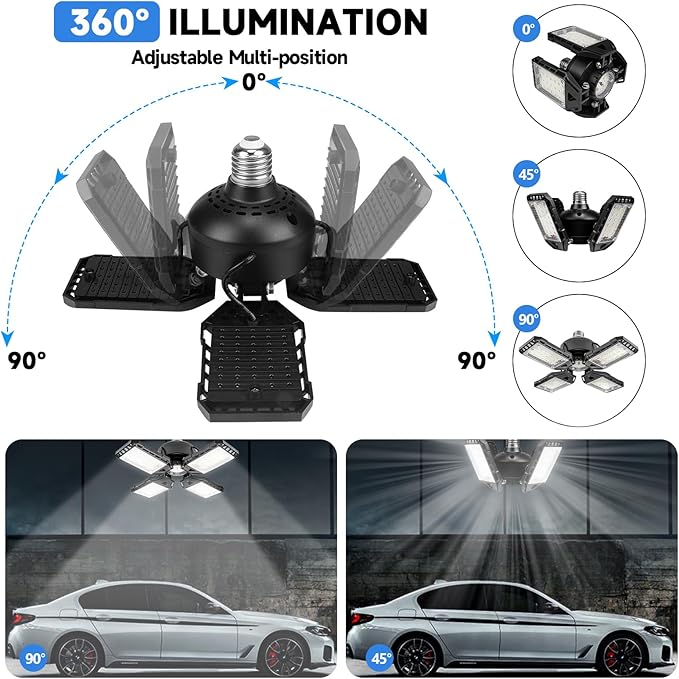 LED Garage Lights Bulb 2 Pack - 120W, 12000LM 6500K Led Shop Light with 4+1 Deformable Panels, Basement Barn Light, E26/E27 for Warehouse, Shop