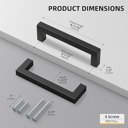 goldenwarm 100 Pack 3-1/2 Inch Black Cabinet Handles Matte Black Drawer Pulls Stainless Steel Cabinets Hardware Square Bar Modern for Kitchen Bathroom Cupboard