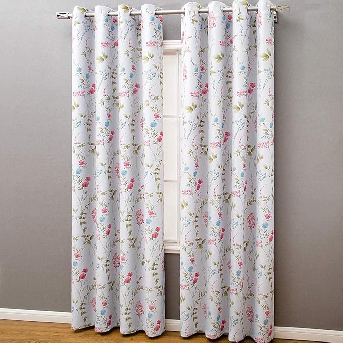 Linentalks Floral Bedroom Curtains 84 Inches Long 2 Panels Set, Farmhouse Thermal Insulated Blackout Curtains for Living Room, Grommet Room Darkening Curtains, Boho Black Out Curtains Green Red Multi