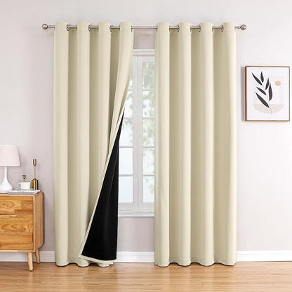ChrisDowa 100% Blackout Curtains 108 inch Long for Bedroom with Black Liner, 2 Thick Layers Total Blackout Thermal Insulated Grommet Window Curtains 2 Panels Set (Light Beige, 52 x 108 Inch)