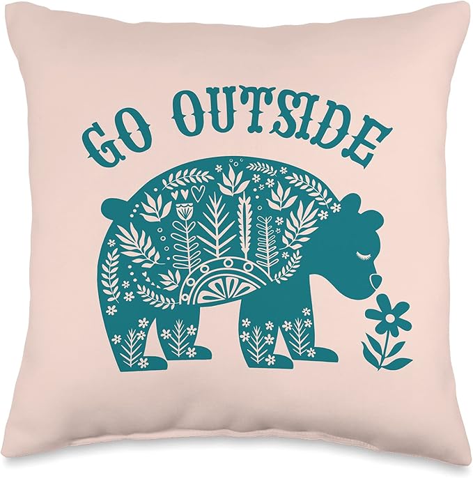 Go Outside Bear Scandinavian Folk Art Hiking Throw Pillow