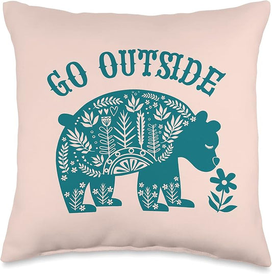 Go Outside Bear Scandinavian Folk Art Hiking Throw Pillow