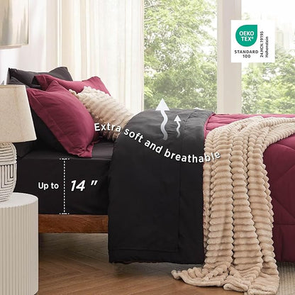Bedsure Queen Comforter Set - 7 Pieces Reversible Burgundy and Black Bedding, Queen Size Bed Set for All Seasons, Bed in a Bag with Down Alternative Comforter, Sheets, Pillowcases & Shams