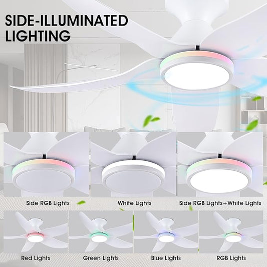 46" Ceiling Fans with Lights Remote/APP Control, Low Profile Ceiling Fans with Dimmable White Colors+Ring RGB Lights, 6 Speeds 5 Reversible Curved Blades for Kids Room Bedroom Living Room Bar, White