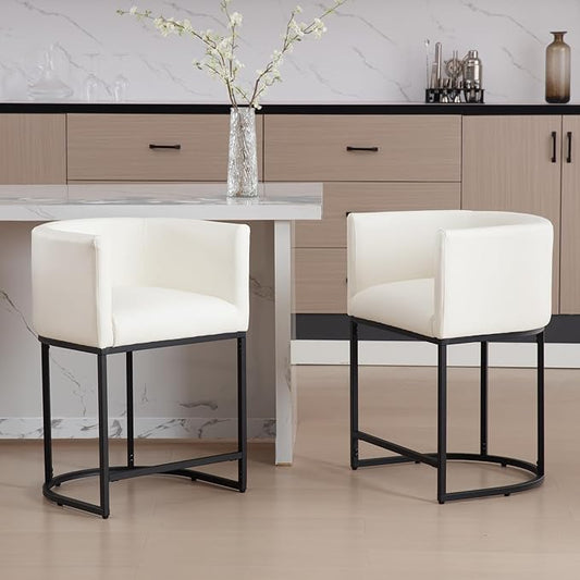 Modern Counter Height PU Leather Upholstered Bar Stool, 24" Kitchen Counter Island Stools Bar Chairs with Black Metal Frame, White