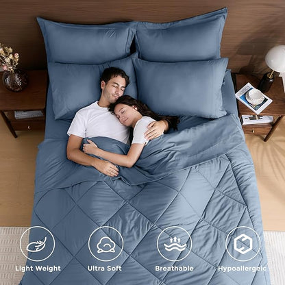 HEVUMYI Dusty Blue Full Comforter Set - 7-Piece All Season Bed in a Bag Full, Ultra Soft Bedding Set with Comforter, Flat Sheet, Fitted Sheet, Pillowcases, Pillow Shams
