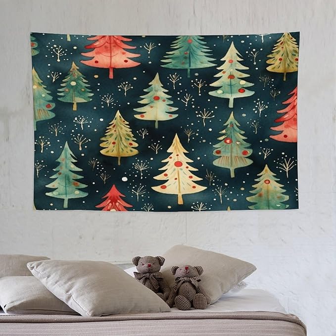 Vintage Christmas Tree Watercolor Tapestry As Wall Art Hello Winter Holiday Tapestry Vintage Aesthetic Tapestries Landscape Tapestry Home Decor for Room 40"x60" Tapestries Winter Snowflake Decorative