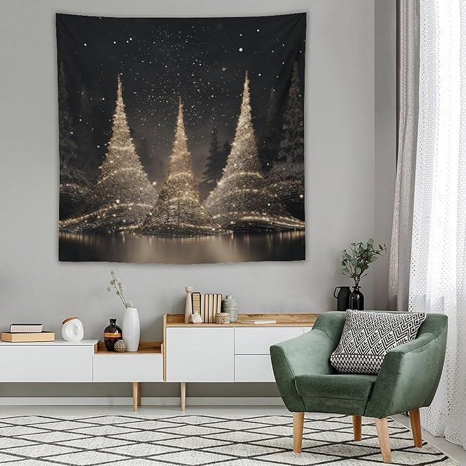 MaSiledy Wall Tapestry Silver Lighted Christmas Trees Tapestry Christmas Holiday Vintage Aesthetic Tapestry Wall Hanging Wall Hanging Decor Tapestry for Bedroom Aesthetic Alt Room 60"x60"