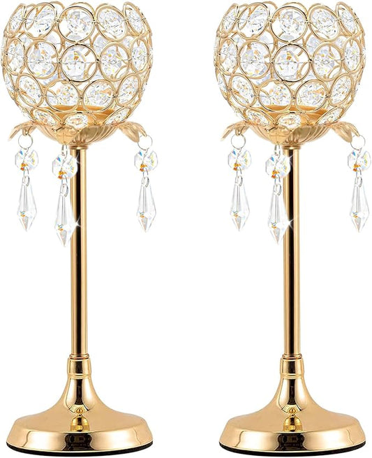 Crystal Tea Light Candlestick Holders Flower Shape with Crystal Pendant Bowl Votive Metal Candle Holder for Table Centerpieces Wedding Home Decor (Set of 2 high, Gold)