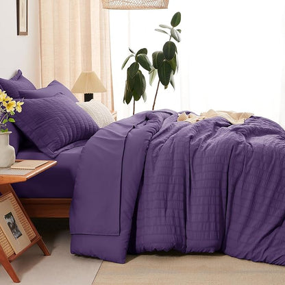 CozyLux Full Size Comforter Sets with Sheets 7 Pieces, Purple Seersucker Bed in a Bag Textured Luxury Soft Bedding Set with Down Alternative Comforter, Sheets, Pillowcases & Shams for All Seasons