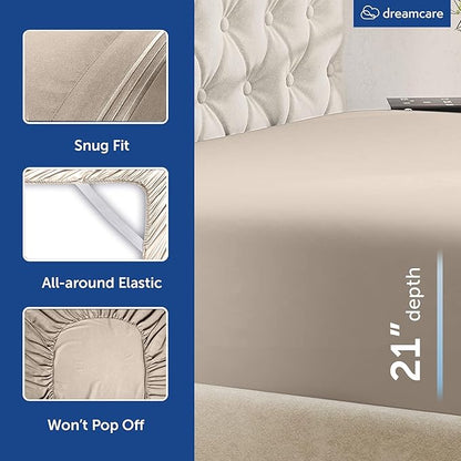 DREAMCARE Queen Sheet Set – 6 pcs Cooling Bed Sheets – up to 21” Deep Pocket Queen Sheets Set – 2500 Supreme Collection – Extra Soft 100% Brushed Microfiber Hotel Luxury with Side Pocket – Beige