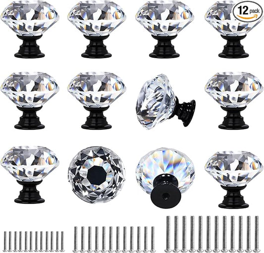DEELF 12 Packs Kitchen Cabinet Knobs, 40 mm Crystal Cabinet Knobs, Diamond Dresser Handle Drawer Pulls, Dresser Knobs for Cabinets and Drawers, Black Base