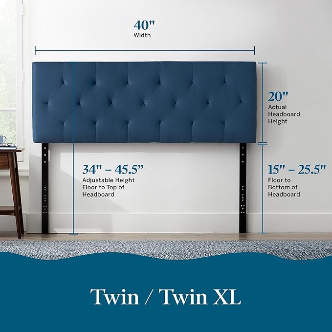 Lucid Mid-Rise Upholstered Headboard - Diamond Tufted - Padded Polyester - Adjustable Height from 34” to 46” - Easy Assembly - Bed Frame or Wall Mount - Sturdy - Cobalt - Twin / Twin XL Size