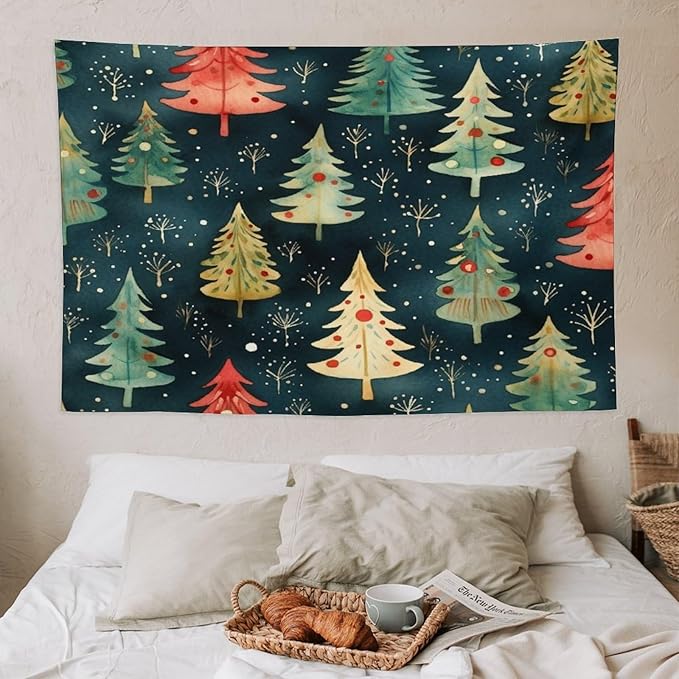 Vintage Christmas Tree Watercolor Tapestry As Wall Art Hello Winter Holiday Tapestry Vintage Aesthetic Tapestries Landscape Tapestry Home Decor for Room 40"x60" Tapestries Winter Snowflake Decorative