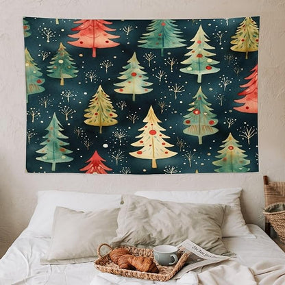 Vintage Christmas Tree Watercolor Tapestry As Wall Art Hello Winter Holiday Tapestry Vintage Aesthetic Tapestries Landscape Tapestry Home Decor for Room 40"x60" Tapestries Winter Snowflake Decorative