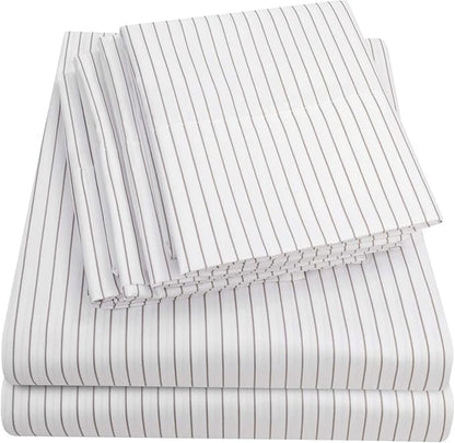 Queen Sheets Pinstripe White - 6 Piece 1500 Supreme Collection Fine Brushed Microfiber Deep Pocket Queen Sheet Set Bedding - 2 Extra Pillow Cases, Great Value, Queen, Pinstripe White