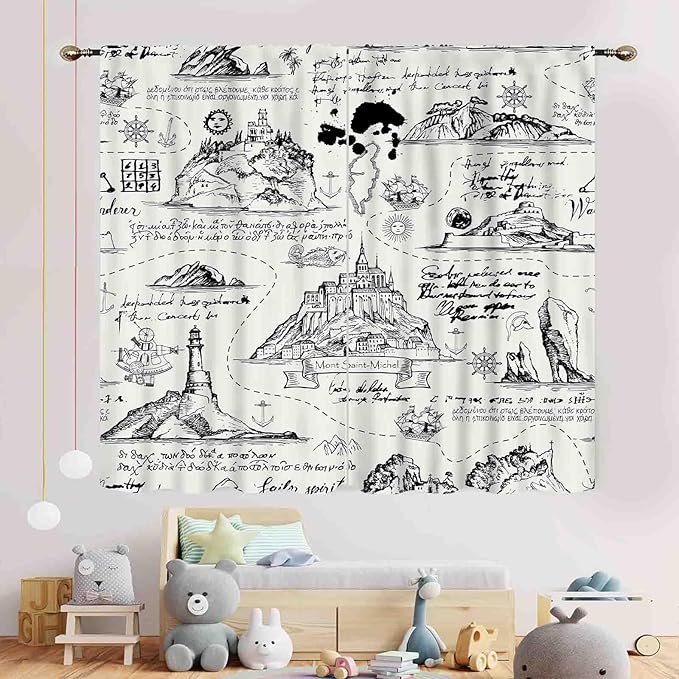 Vintage Nautical Curtains, Marine Coastal Sailboat Compass Anchor Ocean Beach Old Pirate Map Retro Window Drapery Treatments for Bedroom Living Room Kitchen Bathroom 2 Panels, 42"x63" Inch