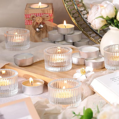 36 pcs Clear Tealight Candle Holders with 36PCS Tea Lights Candles, Glass Votive Candle Holders Set for Table Centerpiece, Home Decor and Party Supplies