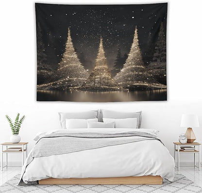Tapestry Silver Lighted Christmas Trees Tapestries for Bedroom Winter Holiday Wall Tapestry Wall Hanging for Bedroom Living Room Dorm Decor Landscape 60"x80" Tapestries Winter Snowflake Decorative
