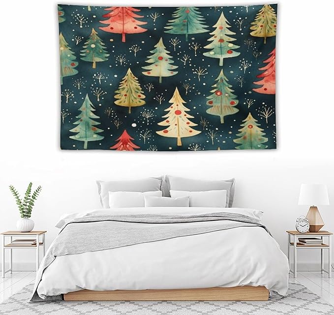 Vintage Christmas Tree Watercolor Tapestry Wall Hanging Vintage Christmas Wall Hanging Wall Tapestry Aesthetic Tapestry for Bedroom Colorful Wall Hanging Aesthetic Wall Art For Room Decor 60"x90"