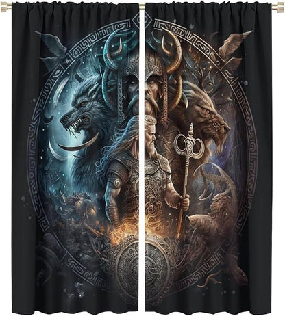 Cool Norse Viking Theme Curtains - Fantasy Ancient Symbols Wildlife Wolf Nordic Vikings Window Drapes,Energy Saving Thermal Insulated Rod Pocket Bedroom Blackout Curtains 2 Panels 54L x 21W