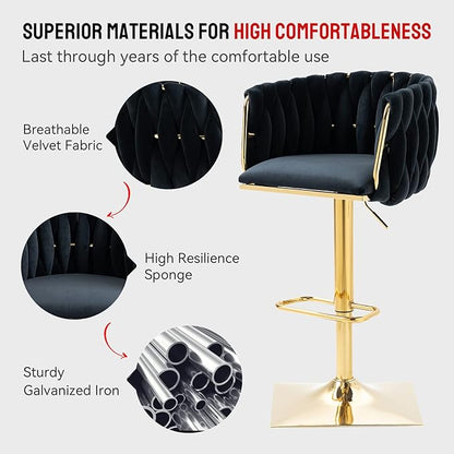 NIOIIKIT Bar Stool Set of 2, Velvet Upholstered Swivel Barstool, Counter Height Chair with Hand Woven Backrest, Dining Barstool with Footrest, Bar Chair for Kitchen Island, Pub (Black)