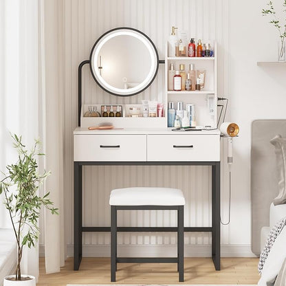 Vabches Makeup Vanity with Round Mirror and Lights, White Vanity Makeup Table with Charging Station, Small Vanity Table for Bedroom, 3 Lighting Modes, 31.5in(L)