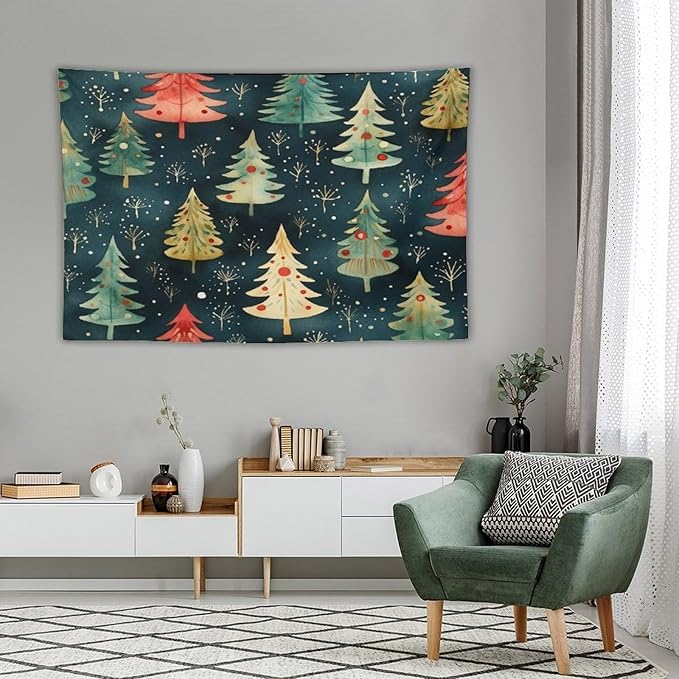 Vintage Christmas Tree Watercolor Tapestry As Wall Art Hello Winter Holiday Tapestry Vintage Aesthetic Tapestries Landscape Tapestry Home Decor for Room 40"x60" Tapestries Winter Snowflake Decorative