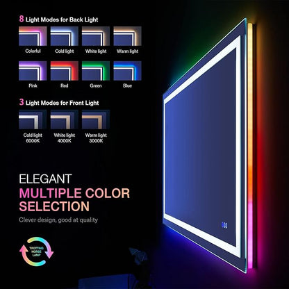 LOAAO 40"X32" LED Bathroom Mirror with Lights, Anti-Fog, Dimmable, RGB Backlit + Front Lighted, Bathroom Vanity Mirror for Wall, Memory Function, Colorful Multiple Light Modes