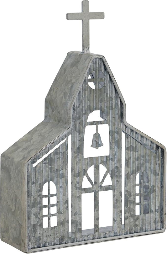 Church Shaped Tea Light Candle Holder Farmhouse Galvanized Metal Candle Holder Vintage Decorative Tealight Holder for Table Centerpiece Decoration - 6.22" x 1.97" x 9.25"