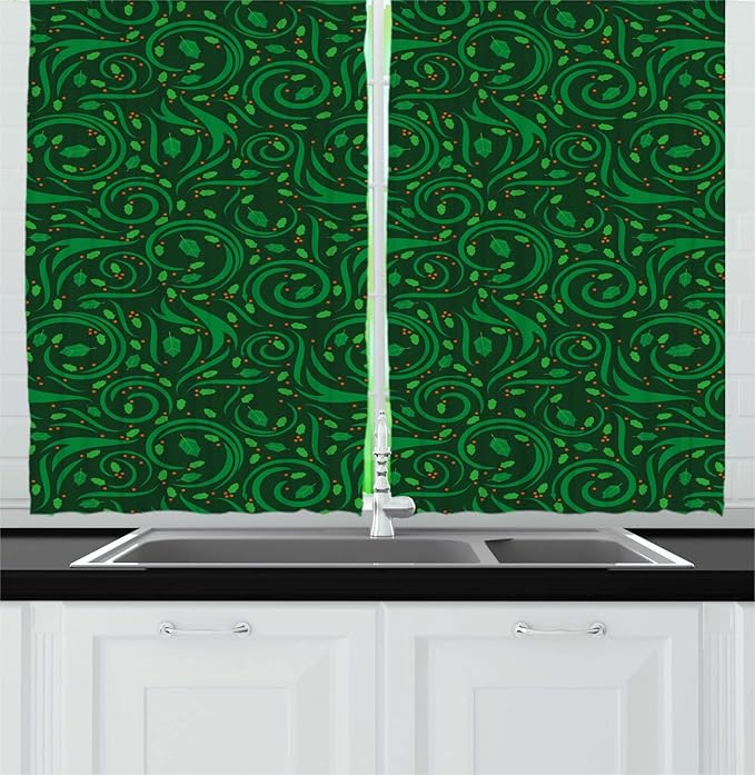 Lunarable Nature Long Kitchen Curtains, Botanical Swirls Leaf Details and Dot Shaped Berries, 2 Panel Set Drapes with Rod Pocket Room Decor, 55" x 45", Green Dark Green