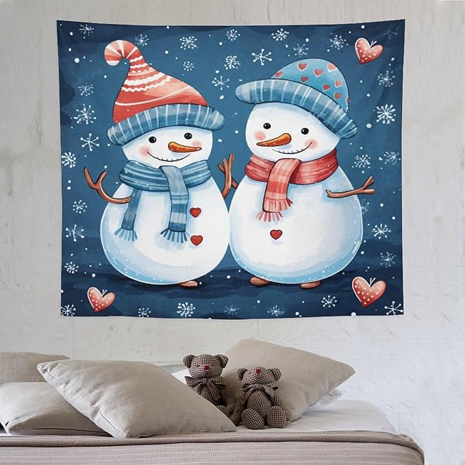 MaSiledy Snowman Couple Tapestries Christmas Winter Snowman Wall Hanging Wall Tapestry Aesthetic Landscape Tapestry Wall Hanging For Room 50"x60" Holiday Scene Banner for Winter Christmas Party