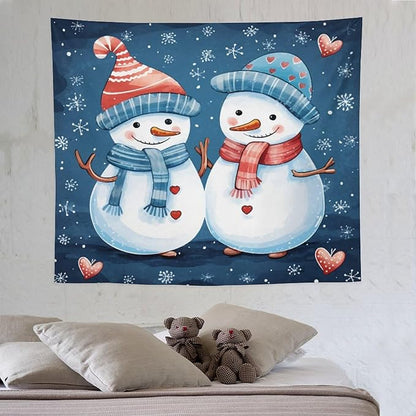 MaSiledy Snowman Couple Tapestries Christmas Winter Snowman Wall Hanging Wall Tapestry Aesthetic Landscape Tapestry Wall Hanging For Room 50"x60" Holiday Scene Banner for Winter Christmas Party
