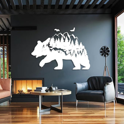 Metal Bear Wall Decor, Mountain And Forest Metal Wall Art, Nature Landscape Decor, Bear Wall Art, Metal Mountain Range, Scandinavian Decor, Large Metal Art Wall Decor, Housewarming Gift (26"x41"|67x105cm, Silver)