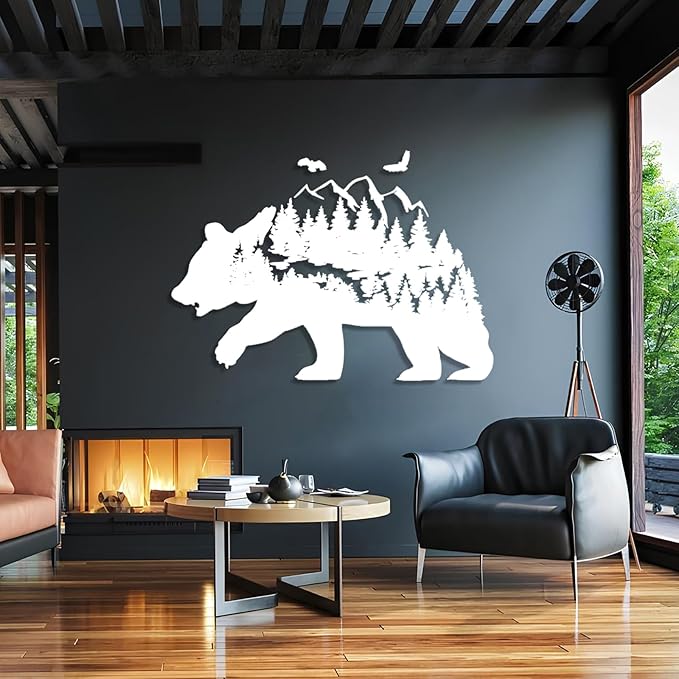 Metal Bear Wall Decor, Mountain And Forest Metal Wall Art, Nature Landscape Decor, Bear Wall Art, Metal Mountain Range, Scandinavian Decor, Large Metal Art Wall Decor, Housewarming Gift (26"x41"|67x105cm, Black)