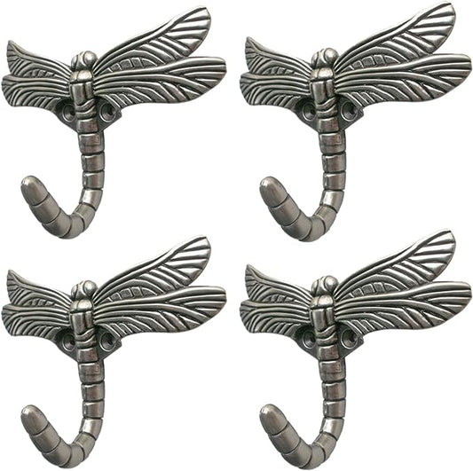 Dragonfly Hooks Wall Mounted Cloak Rack, Animal Heavy Duty Vintage Decorative Hooks, Indoor Outdoor Universal Cloak Rack Hooks for Coat Towel Robe Clothes Hats Bags Keys, Pack of 4