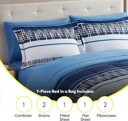 Sweet Home Collection 7 Piece Comforter Set Bag Solid Color All Season Soft Down Alternative Blanket & Luxurious Microfiber Bed Sheets, Mediterranean, Queen