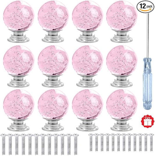 12 Pcs 30mm Round Shape Bubble Crystal Glass Cabinet Knobs with Screws Drawer Knob Pull Handle Used for Kitchen, Dresser, Door, Cupboard (Pink)