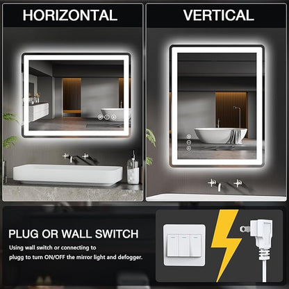 24x36 LED Bathroom Mirror with Lights, Rounded Rectangle Mirror with Double Lights, Backlit + Front Lit, Anti-Fog LED Mirror for Bathroom, Dimmable Lighted Bathroom Mirror(Horizontal/Vertical)