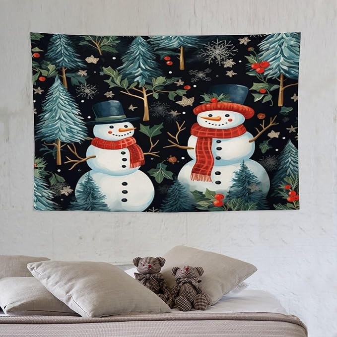 MaSiledy Wall Tapestry Snowman Couple Tapestry Hello Winter Snowman Wall Art Tapestry for Bedroom Aesthetic Wall Art for Bedroom Wall Hanging for Room 40"x60" Xmas Wall Hanging Polyester Tapestries
