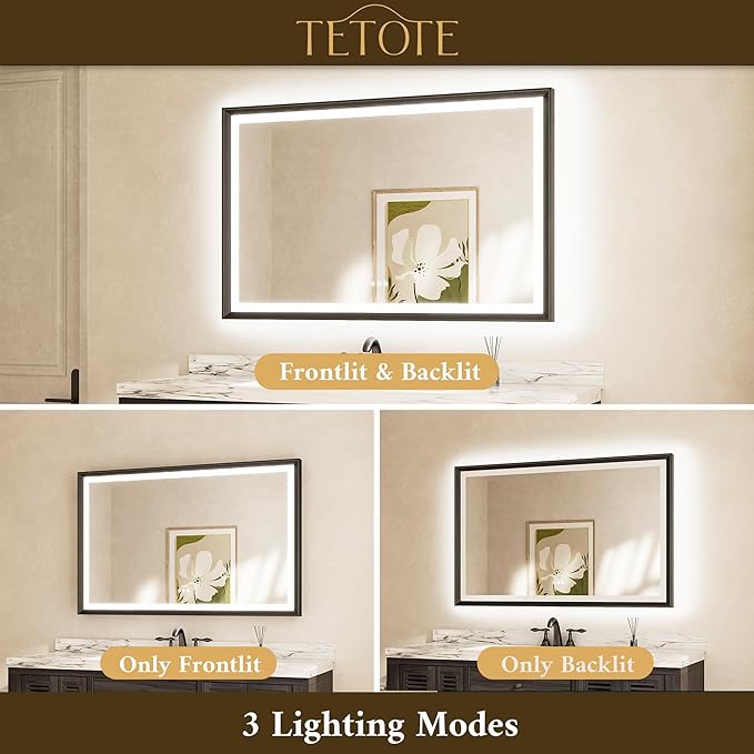TETOTE LED Bathroom Mirror with Lights Black Metal Framed 30x36 Frontlit & Backlit Vanity Mirror Baroque Gothic Antifog Stepless Dimmable White/Warm/Natural,Wall Mounted(Horizontal/Vertical)